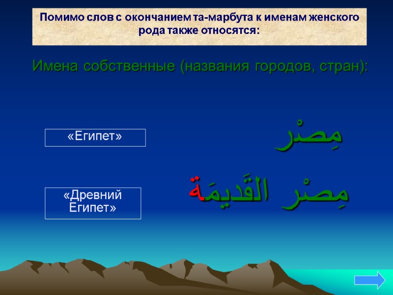 Помимо слов с окончанием та-марбута к именам женского рода также относятся: مِصْر  مِصْر